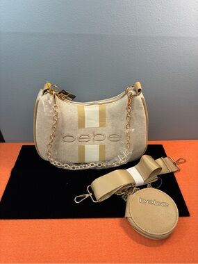 bebe Paisley Almond Canvas Shoulder/Crossbody Bag with Chain Strap